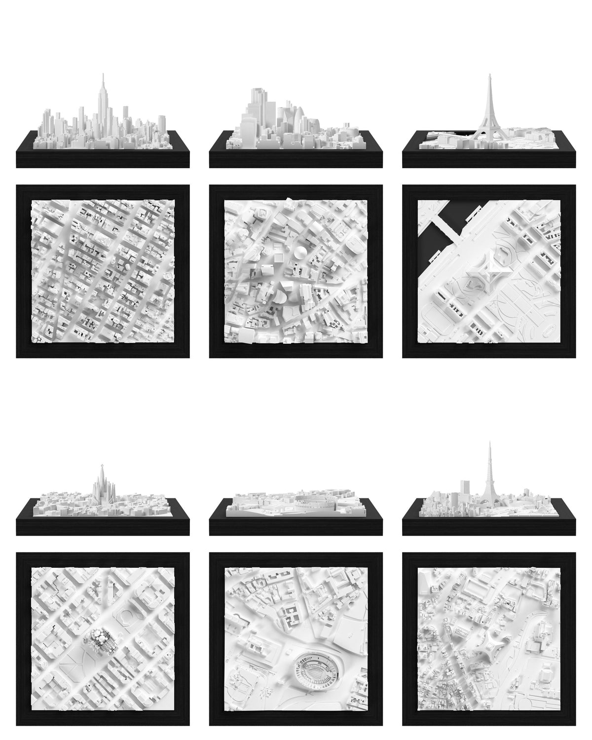 Bestseller Set: New York - Midtown, London - City, Paris - Eiffel Tower, Barcelona, Rome - Colosseum, Tokyo - Tower CUBE 3D city models - CITYFRAMES