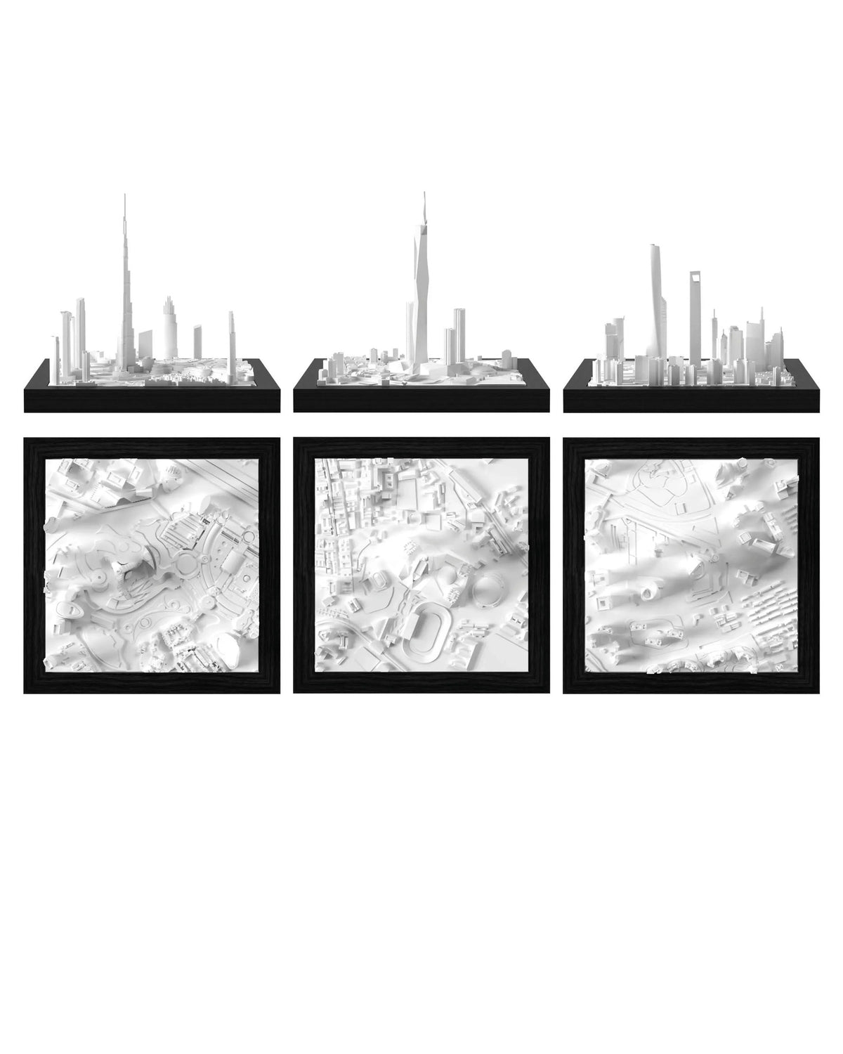 Tallest Buildings Trio: Dubai - Burj Khalifa, Kuala Lumpur - Merdeka 118, Shanghai - Financial District CUBE 3D city models - CITYFRAMES